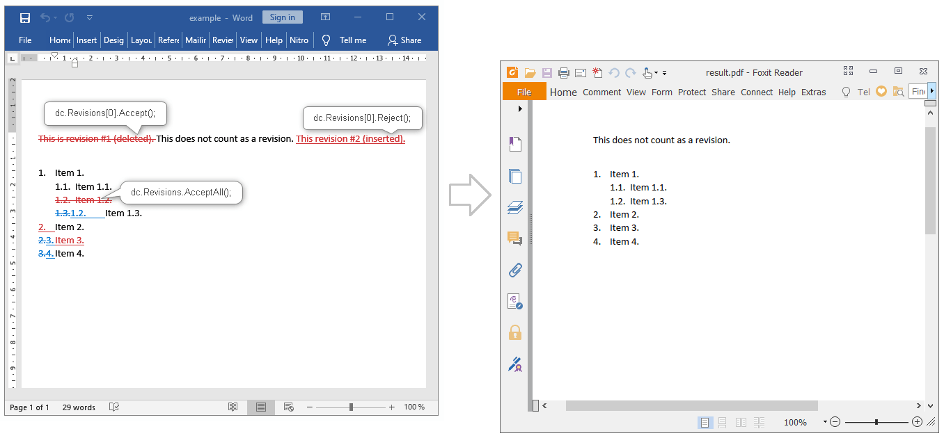 Convert DOCX with revisions to PDF format in C and
